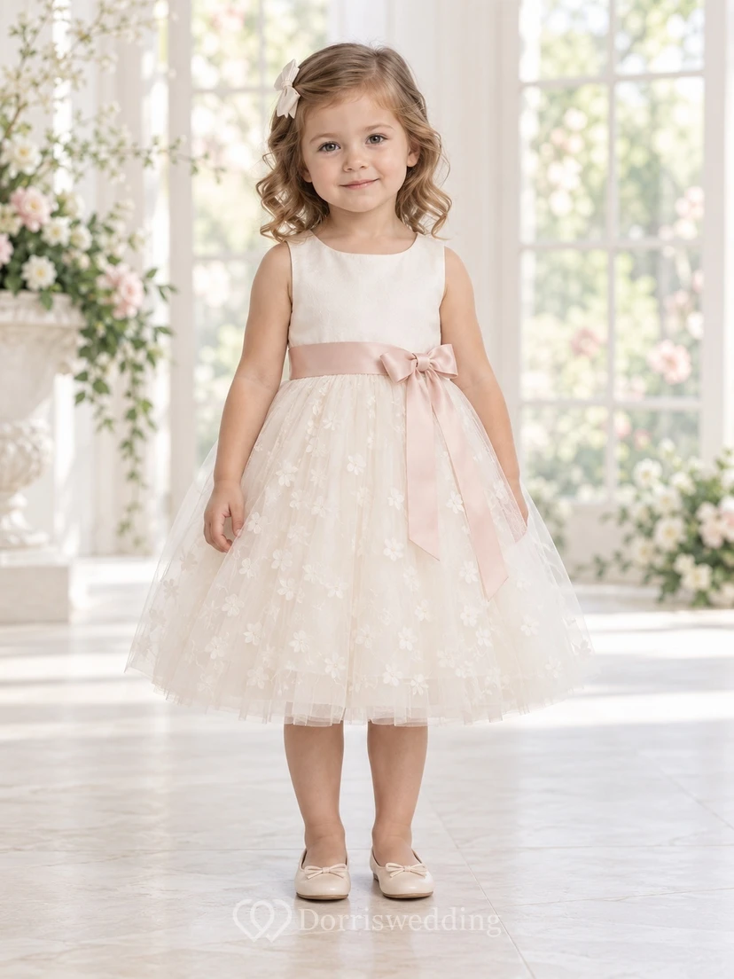 Robe de demoiselle d'honneur rose à fleurs, longueur thé, coupe trapèze, en tulle, sans manches, avec ceinture rose.