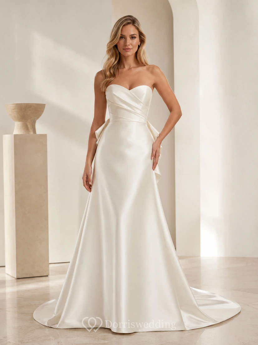 Satin Wedding Dress A-Line Strapless Sweetheart Court Train Bridal Gown