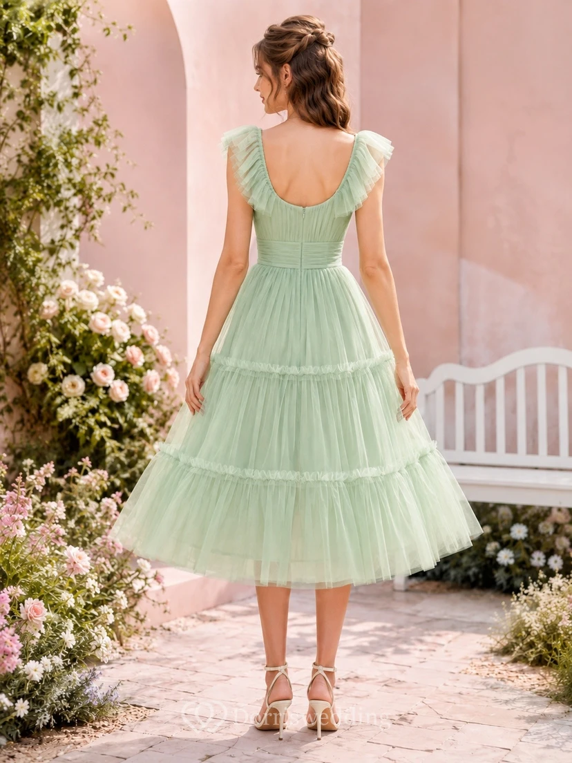 Mint Tulle Square-Neck Short-Sleeve Tiered Tea-Length Party Dress view 2