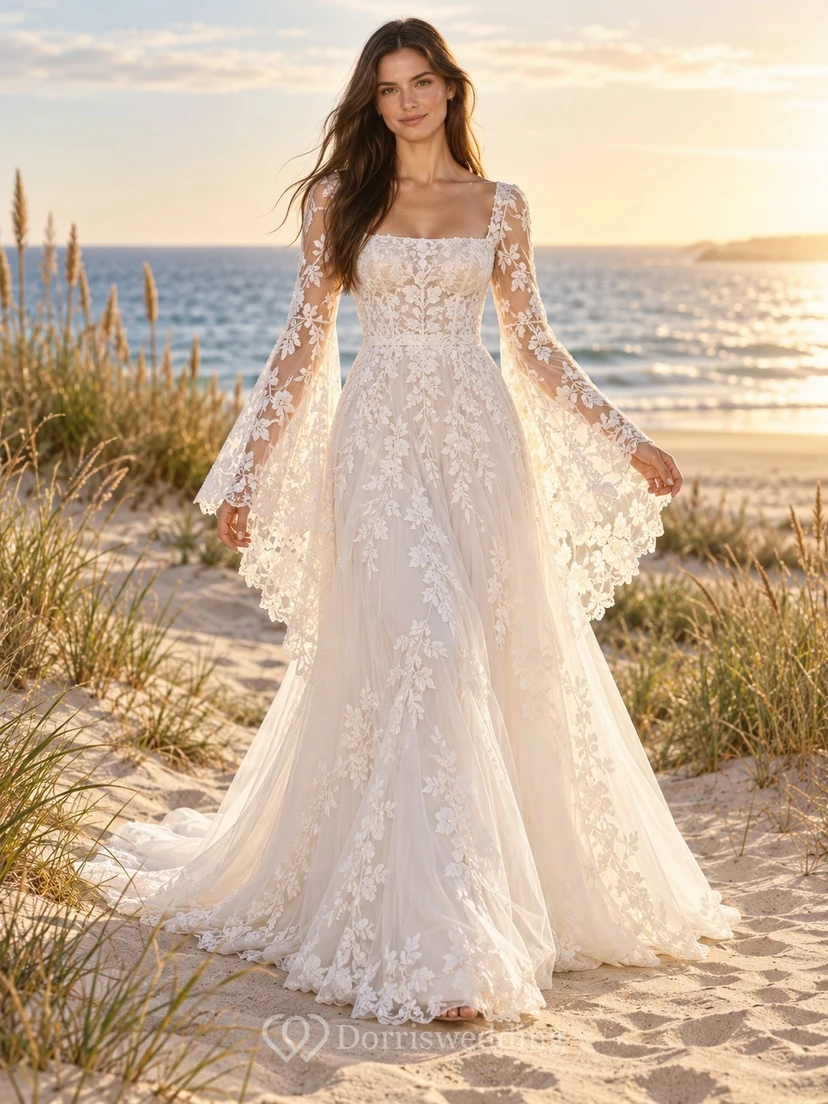 Boho Square Neck Bell Sleeve Floral Tulle Wedding Dress