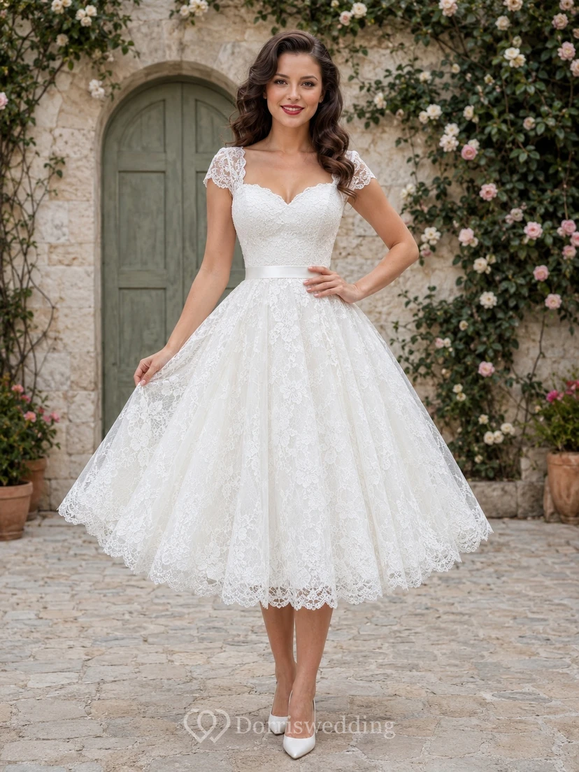 Vintage Sweetheart Cap Sleeve Lace A-Line Tea-Length Romantic Courthouse Wedding Dress