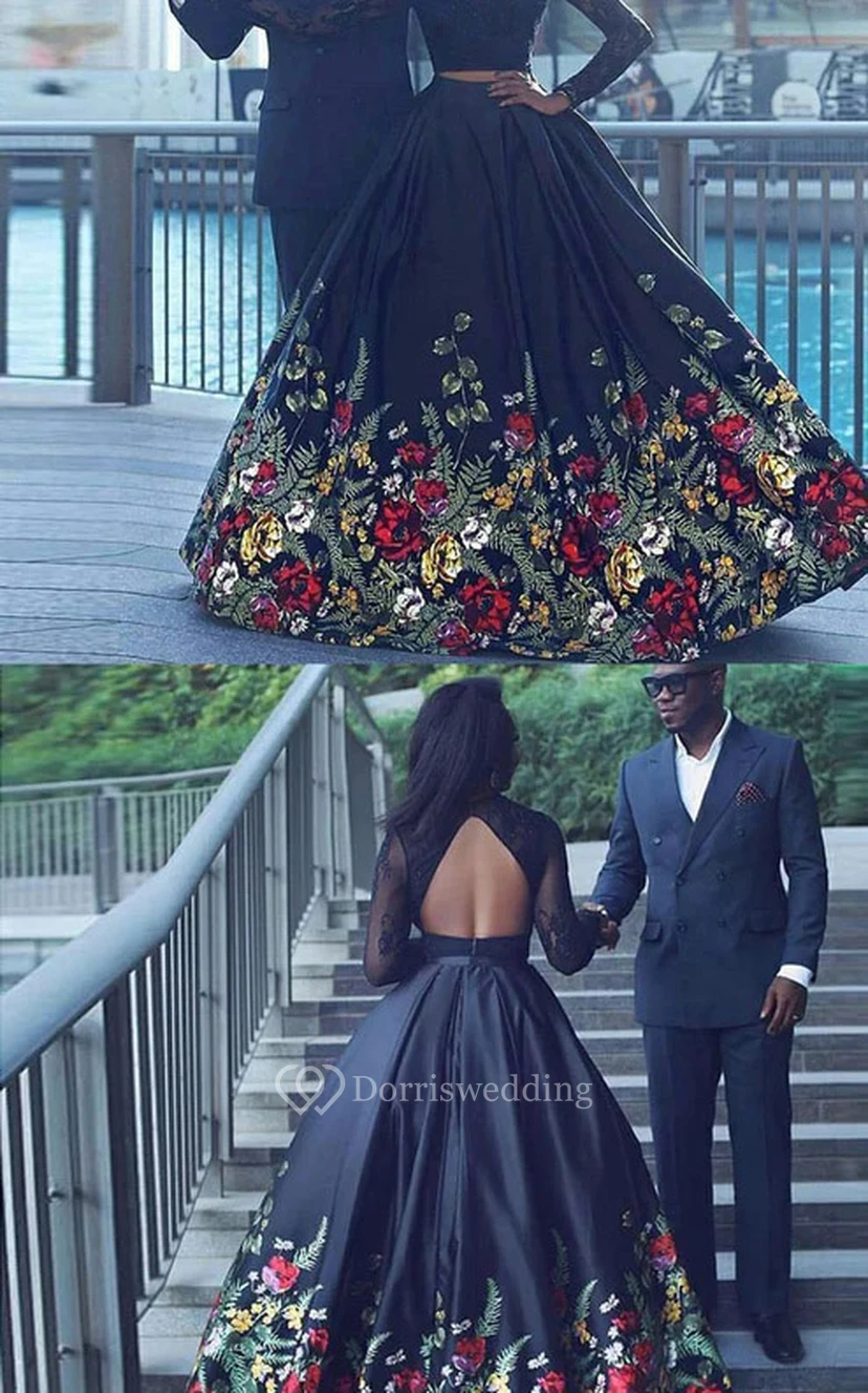 Schwarzes zweiteiliges A-Linien-Abendkleid mit Illusion-Ausschnitt, langen Ärmeln und Schlüssellochausschnitt sowie floraler Stickerei view 6