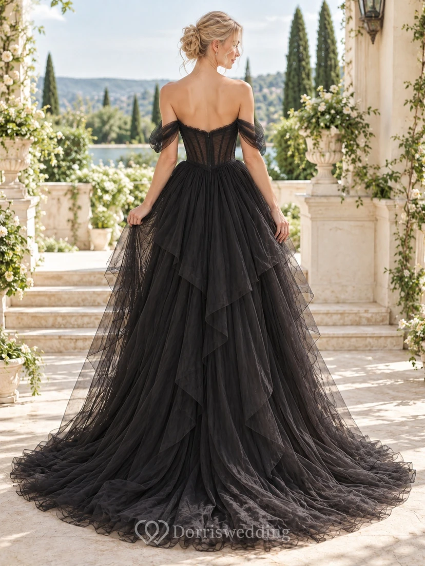 Black Off Shoulder Corset Layered Tulle A-Line Wedding Dress view 2