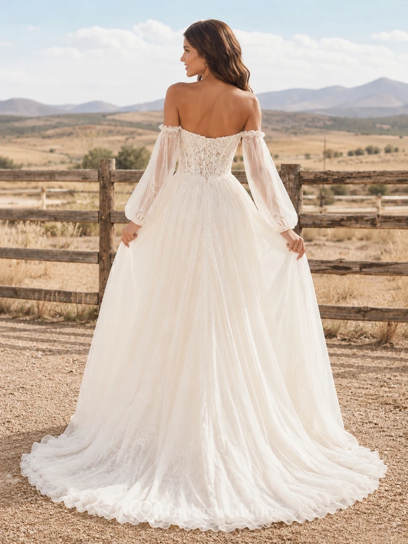 Vestido de novia de tul y encaje campestre, corte en A, hombros descubiertos, manga corta, cola de capilla, espalda baja en V. view 2