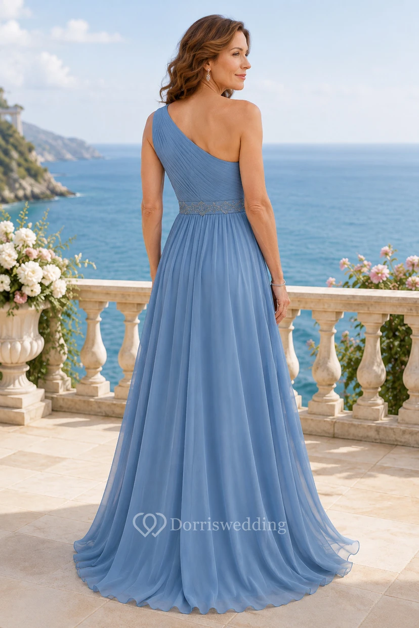 Steel Blue One Shoulder Chiffon A-Line Mother Dress view 2