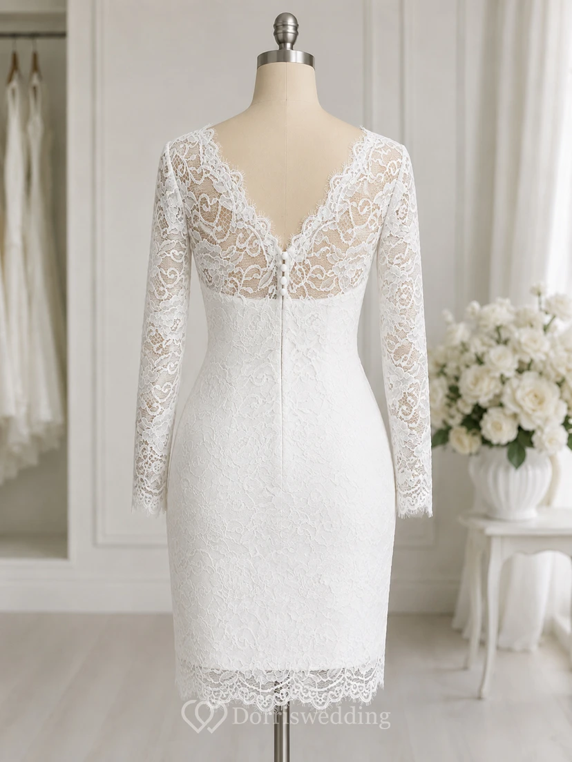Robe de mariée courte en dentelle blanche | Robe de mariée décontractée longueur genou avec manches view 8