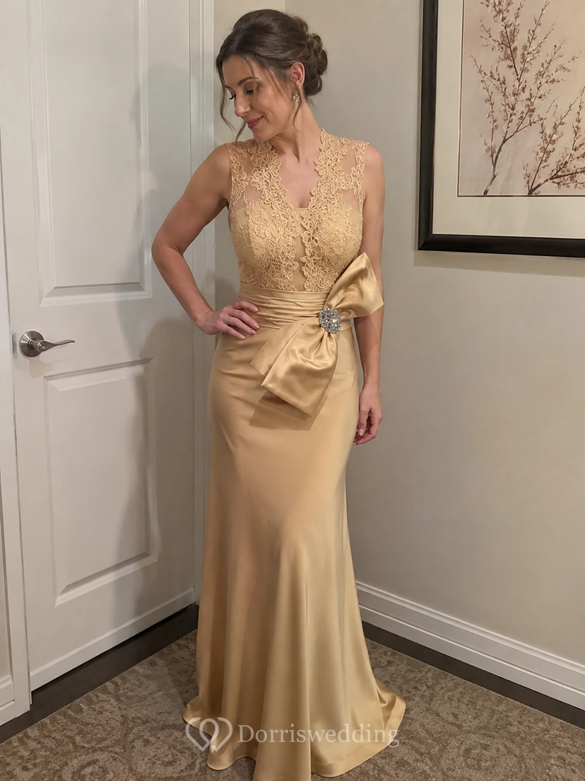 Sheath V-Neck Bowed Floor-Length Sleeveless Jersey&Lace Prom Dress With Appliques view 10