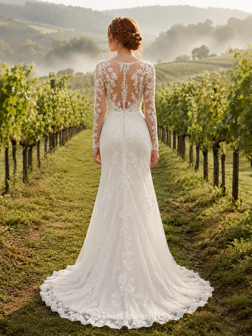 Country Lace Wedding Dress Mermaid Sweetheart Long Sleeve Sweep Train Low V Back Bridal Gown view 2