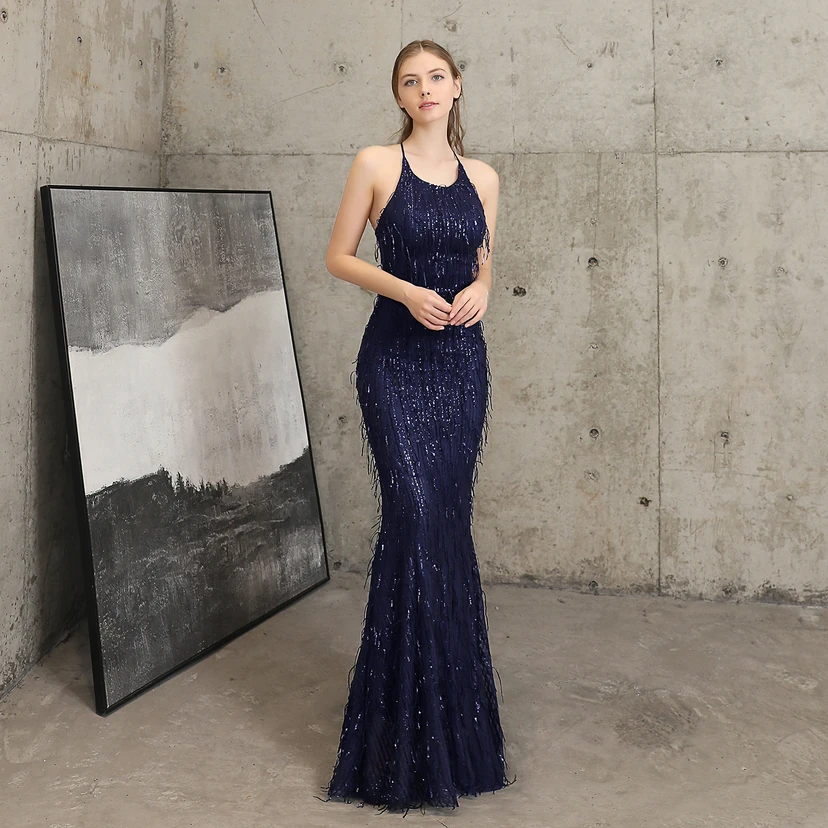 Vestido de noche elegante con borla de hilo de seda de poliéster y lentejuelas estilo cola de pez para banquetes, reuniones y eventos. Ideal para anfitriones. Modelo de coche. Otoño. view 45