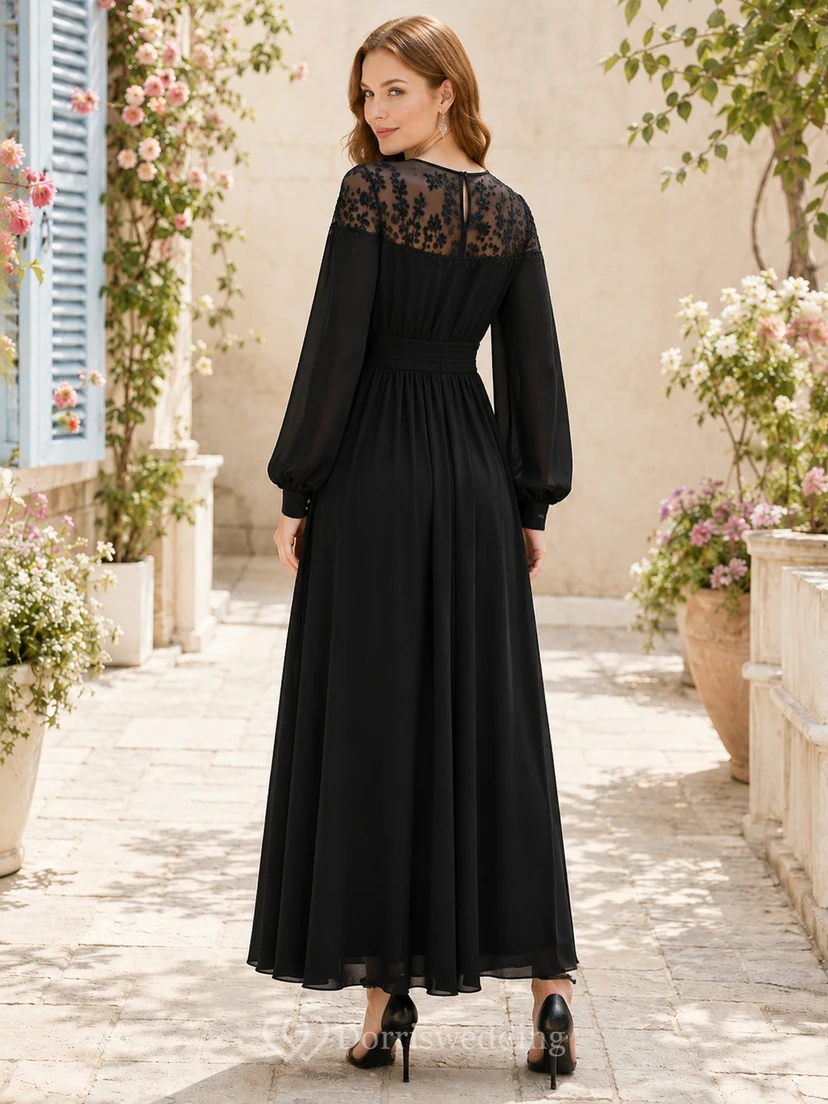 Black Lace Yoke Jewel-Neck A-Line Floor-Length Long-Sleeve Elegant Evening Gown view 2
