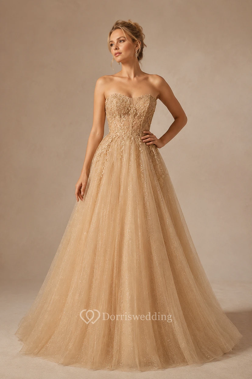 Champagne Strapless Glitter Tulle A-Line Prom Gown with Corset Bodice