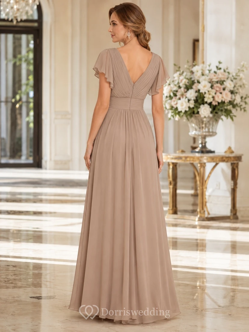Taupe V-Neck Flutter Sleeve Chiffon A-Line Floor-Length Romantic Formal Wedding Guest Dress view 2