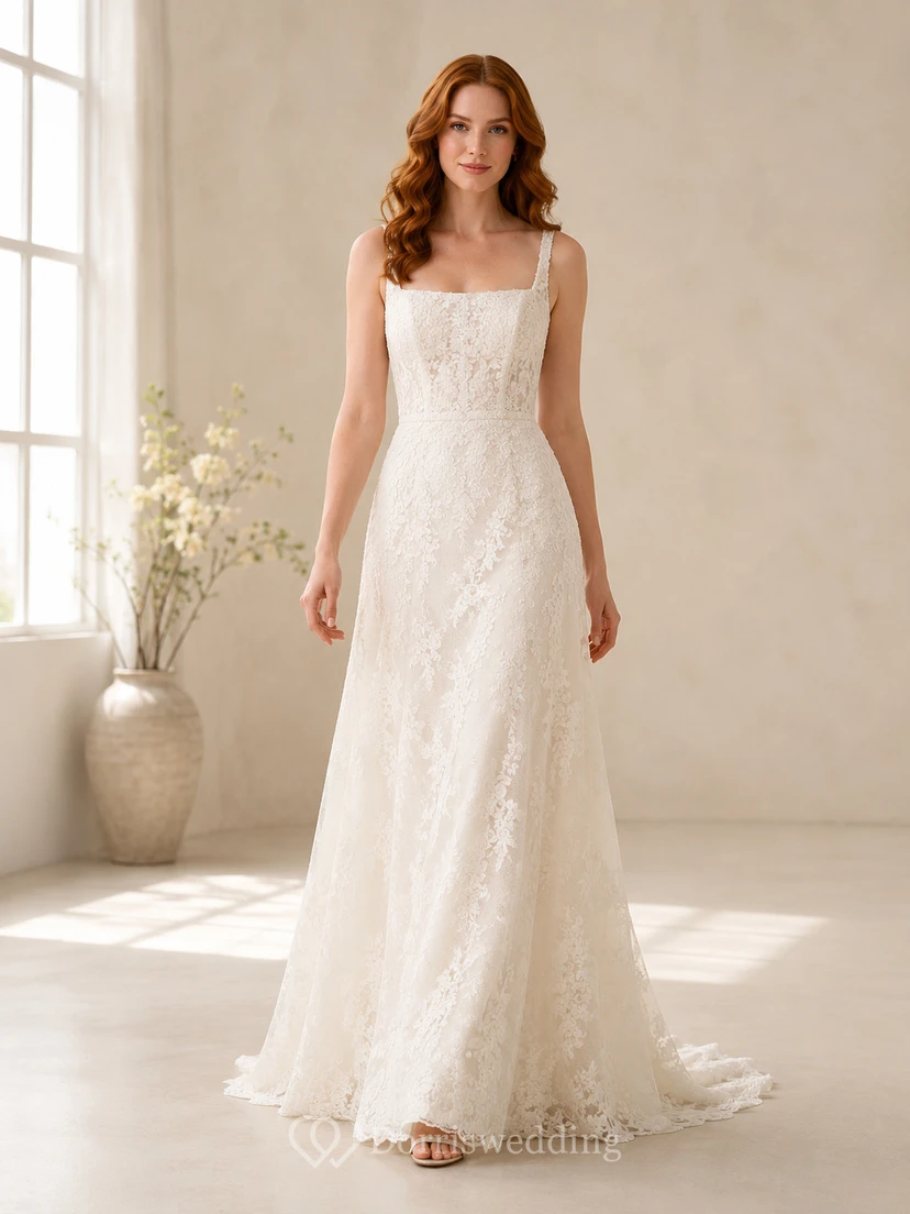Robe de mariée sirène en dentelle et tulle, col V, sans manches, traîne chapelle