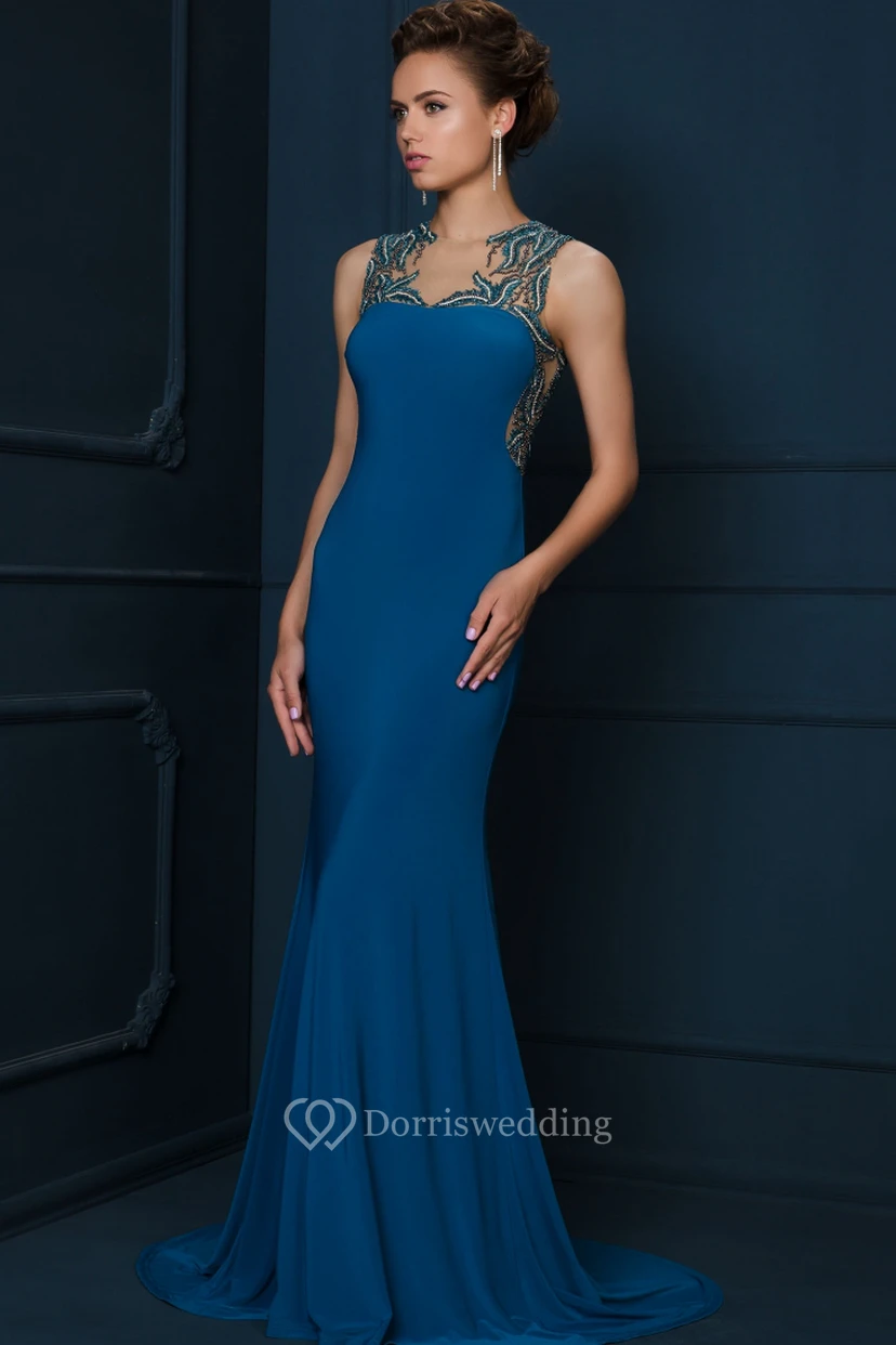 Sheath Maxi Sleeveless Jewel-Neck Beaded Jersey Evening Dress