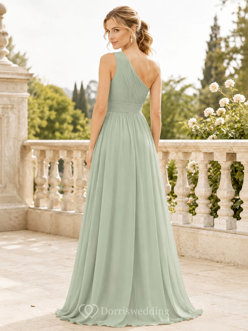 Sage One Shoulder Pleated Chiffon Floor Length A Line Bridesmaid Dress view 2