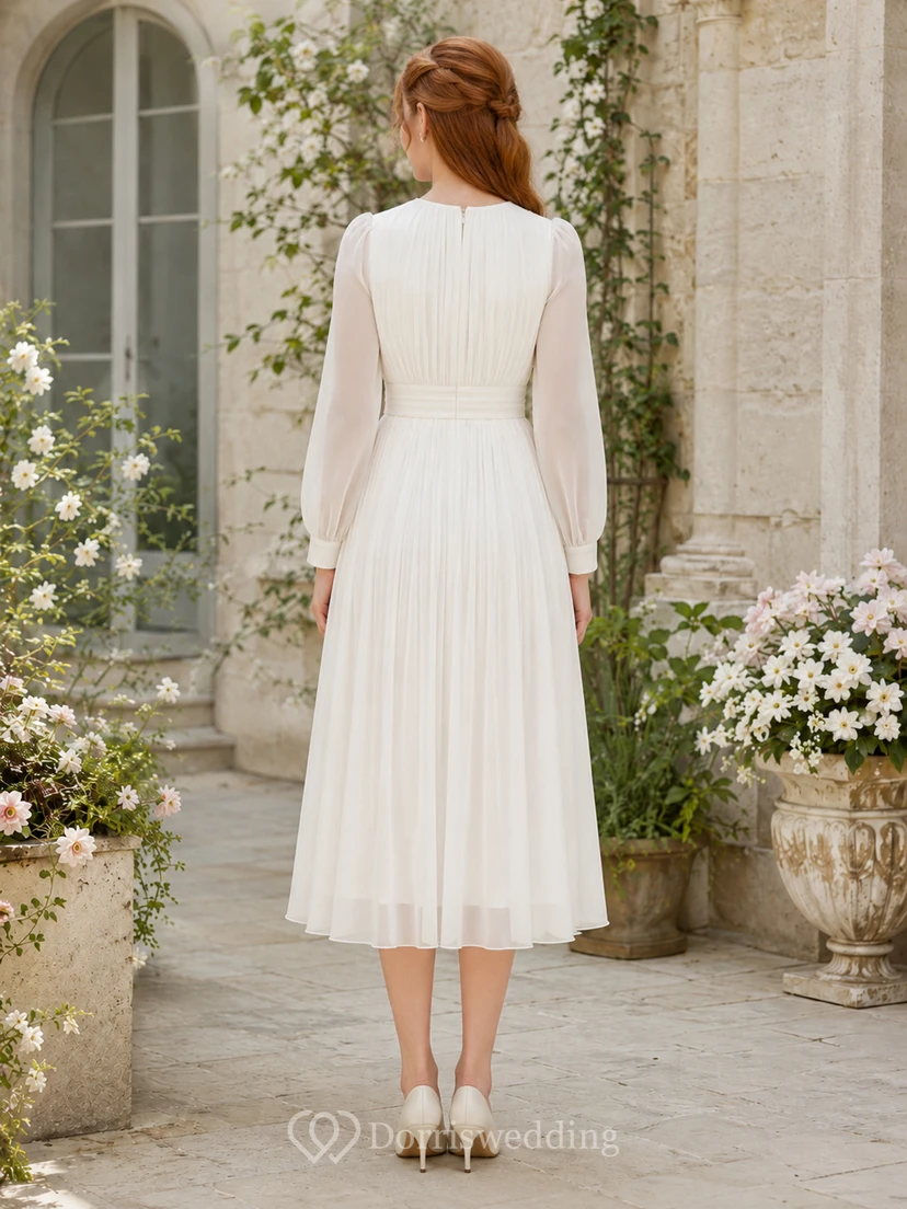 Elfenbeinfarbenes, hochgeschlossenes, langärmeliges, plissiertes Zeremonien-Midikleid view 2