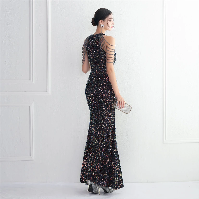 Heavy-Duty Glass Bead Craft Beaded Banquet Evening Dress Temperament Elegant Long Halter Neck Slit Sequins view 56