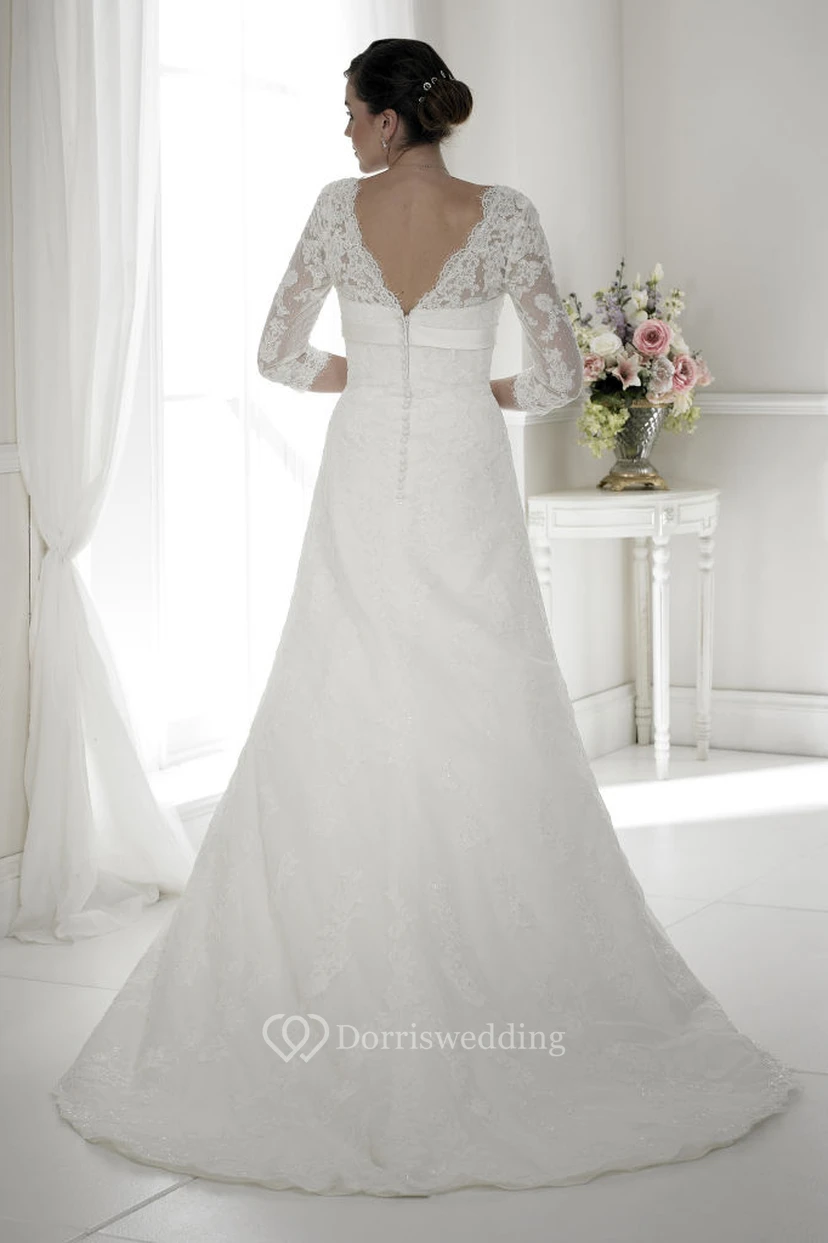 A-Line Appliqued Half-Sleeve Sweetheart Long Lace Wedding Dress With Broach view 2