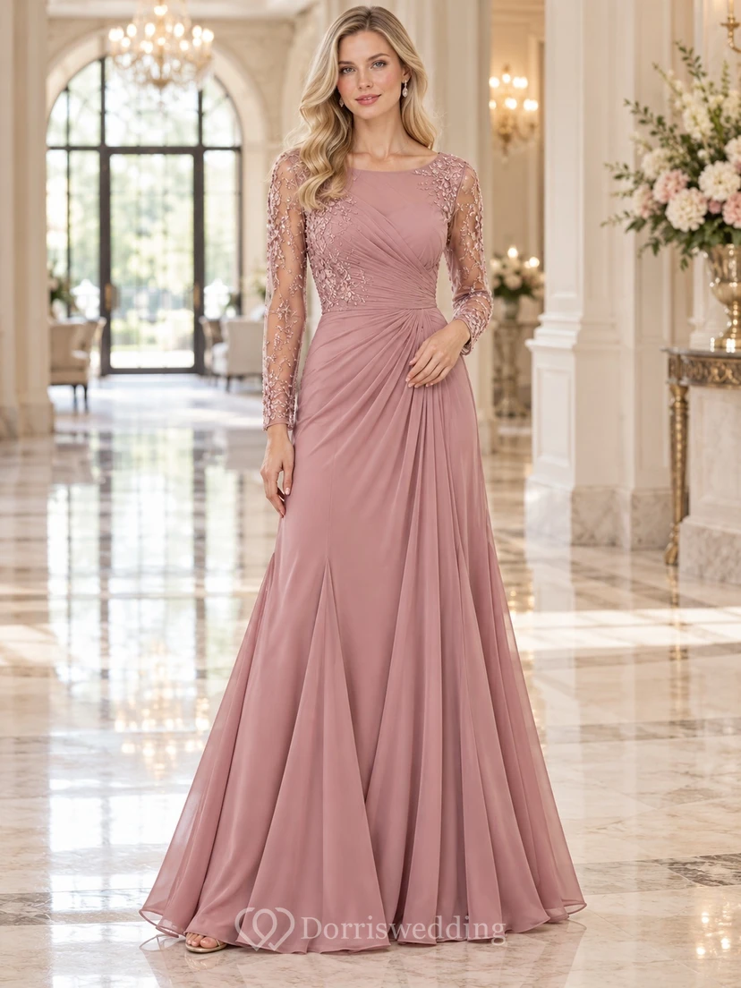 Dusty Rose Boat Neck Lace Long Sleeve Ruched Formal Gown