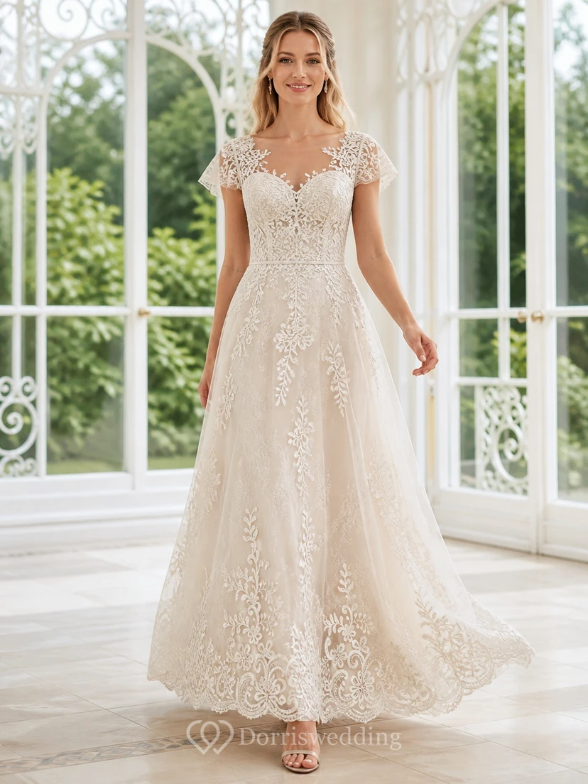 Vestido de novia vintage de talla grande con escote en V profundo, apliques de encaje y mangas cortas
