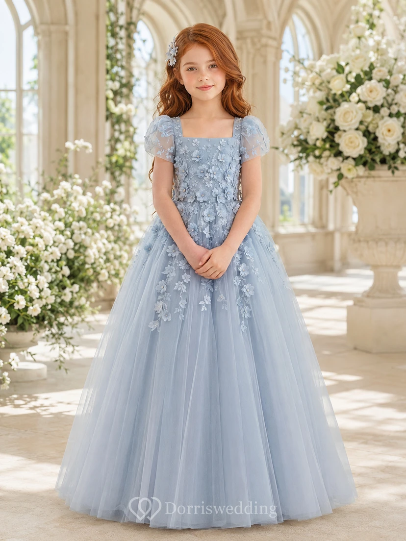 Robe de bal bleu acier à col carré et manches bouffantes, robe de demoiselle d'honneur en tulle appliqué, robe de cérémonie pour mariage formel