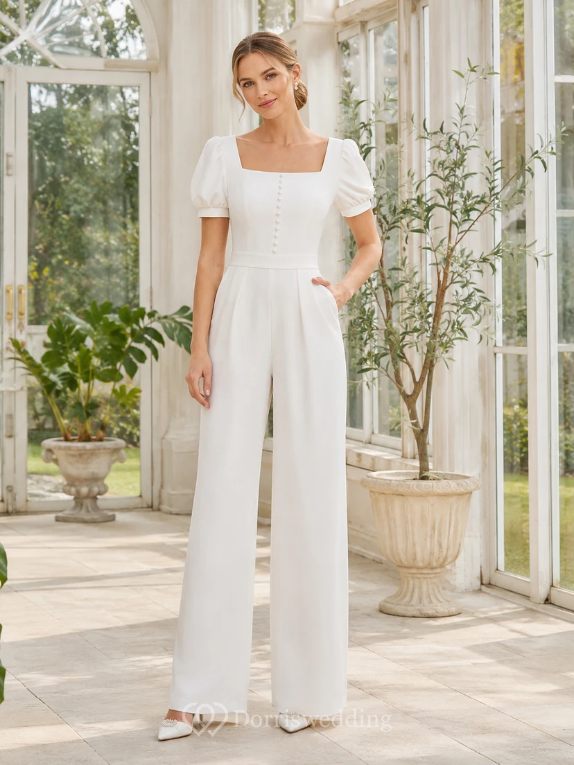 Modern Square Neck Short Puff Sleeve Wide Leg Courthouse Wedding Jumpsuit