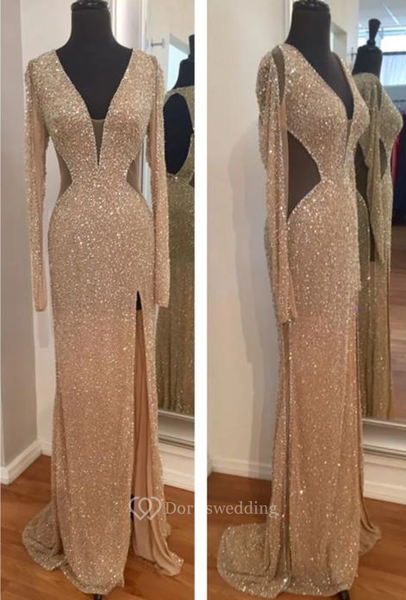 Robe de soirée à sequins à manches longues et fente avant, ornée de strass
