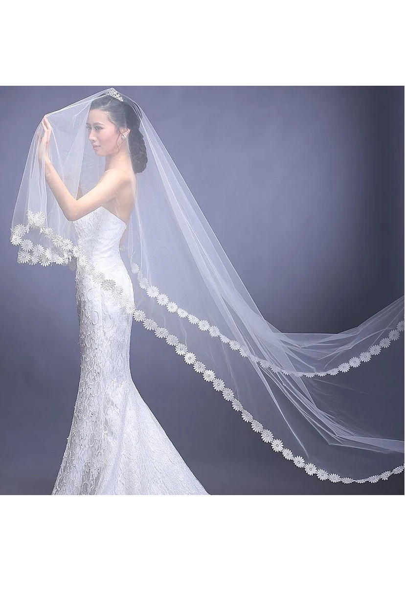 Simple Style Cathedral Long Wedding Veil with Flower Edge view 2
