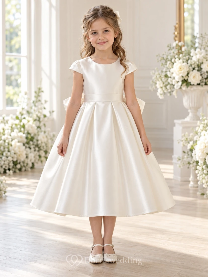 Tea-length Vintage Simple Ivory A-line Satin Cap-sleeve Bow-back Flower Girl Dress