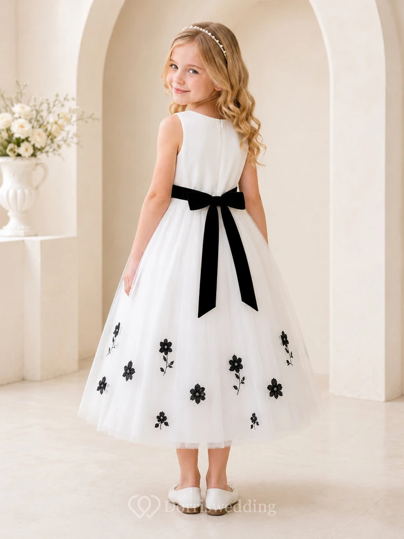 Black Floral Tulle A-Line Flower Girl Party Dress with Sleeveless Bow Appliques and Ruffles view 2