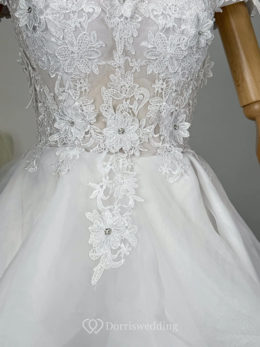White Short A-line Empire Ruffled Layered Dress with Lace Top view 5
