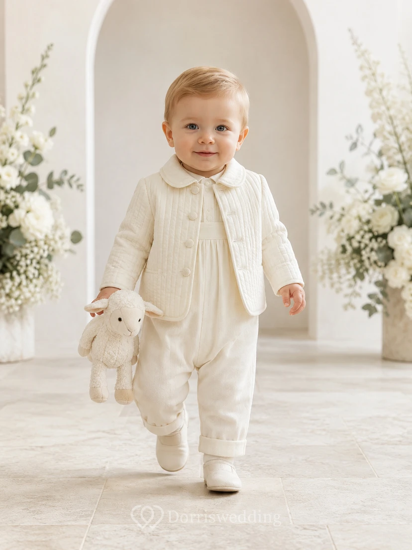 Conjunto de chaqueta de bautizo de manga larga con cuello de punto acanalado color crema para bebé niño