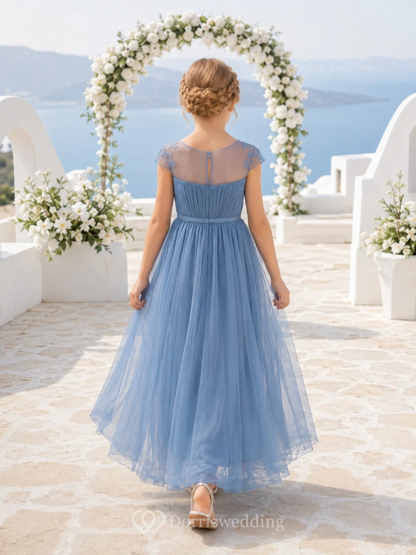 Flower Girl Dress Ivory Lace Tulle A-Line Scoop Neck Tea Length view 2
