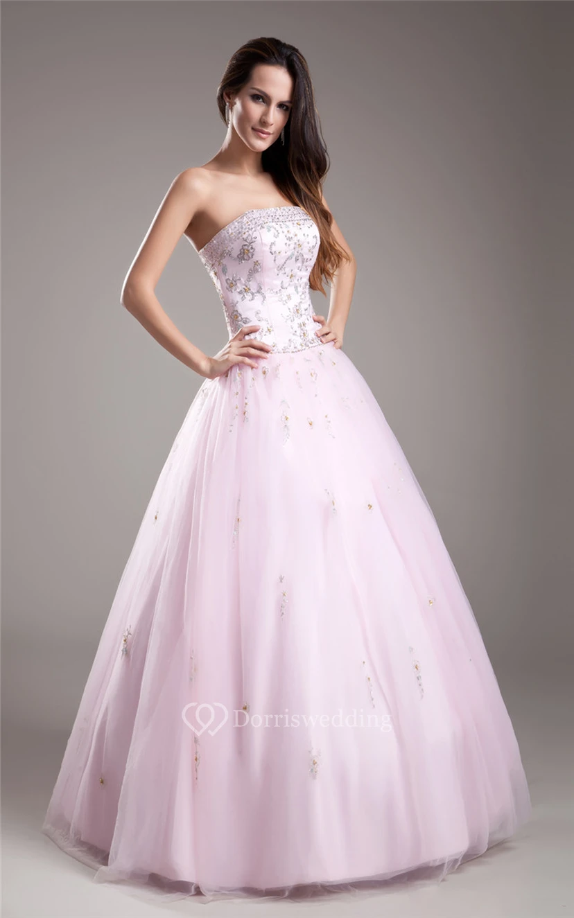 Blushing Strapless Beaded Ball Gown With Tulle Overlay view 3