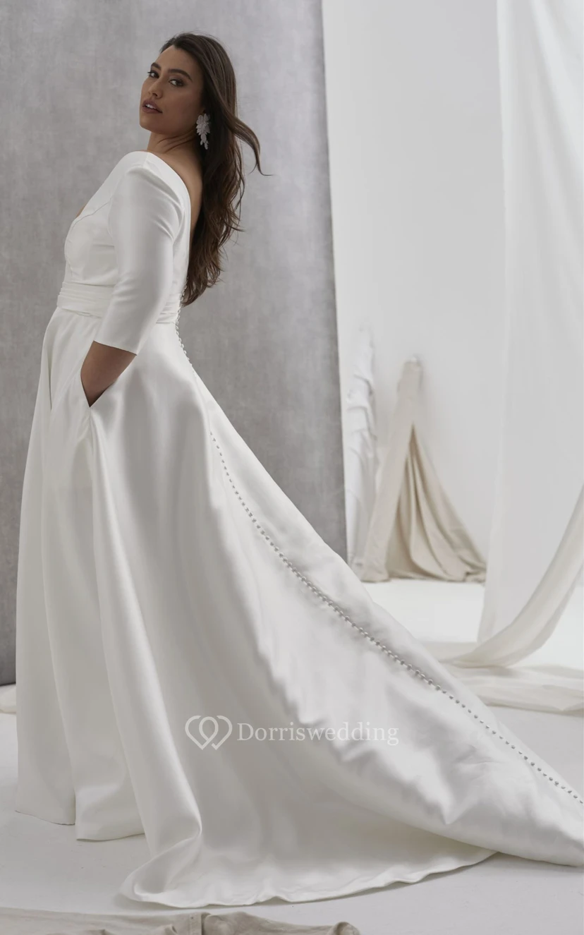 Modernes Brautkleid aus Satin in Übergröße mit V-Ausschnitt, A-Linie und Taschen view 2