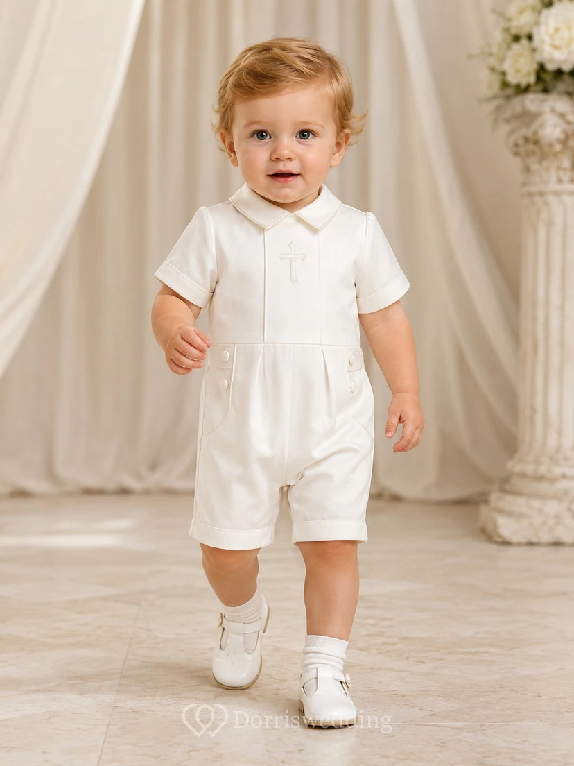 White Mandarin Collar Button Front Short Christening Romper for Baby Boy