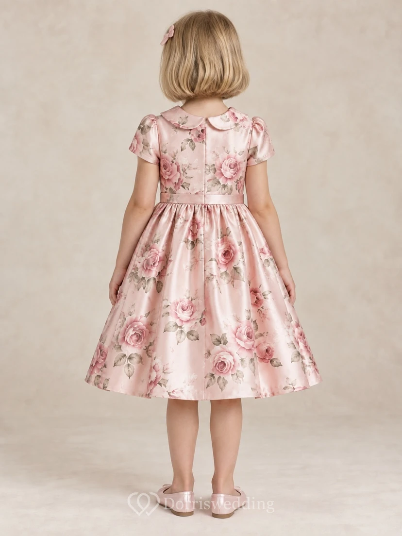 Vintage Tea-length Blush Floral Collared Short Sleeve Satin Flower Girl Dress view 2