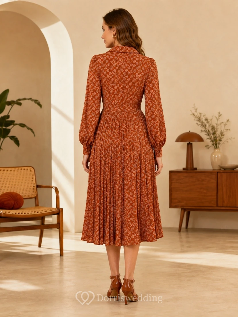 Vestido vintage de gasa con estampado marrón óxido, cuello en V, manga larga, corte en A y largo hasta la rodilla view 2