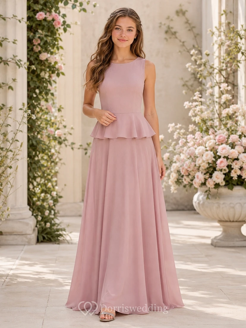 Brautjungfernkleid in Altrosa, A-Linie, ärmellos, Satin, plissiert, modern