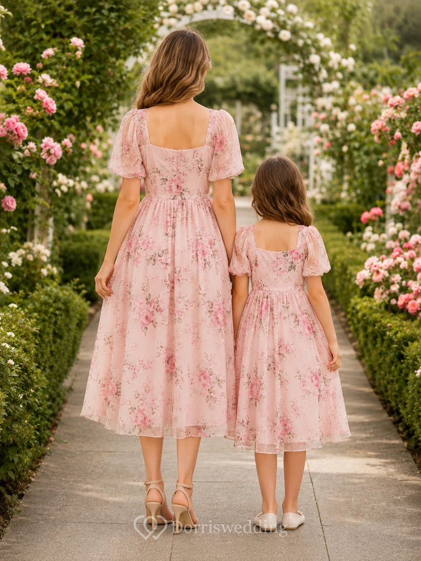 Pink Floral Puff Sleeve Mother Daughter Garden Midi Dress view 2