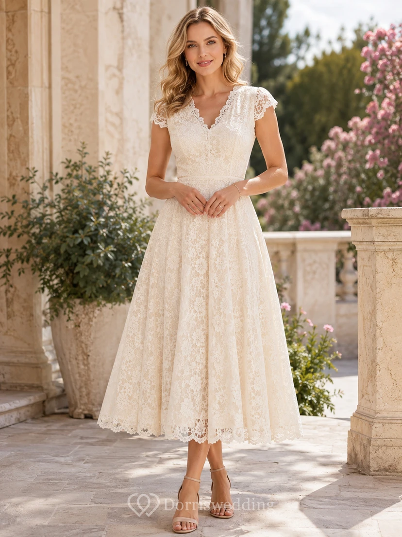 Vestido de invitada de corte A, largo midi, con escote en V, manga corta, pliegues de encaje y cremallera en la espalda.