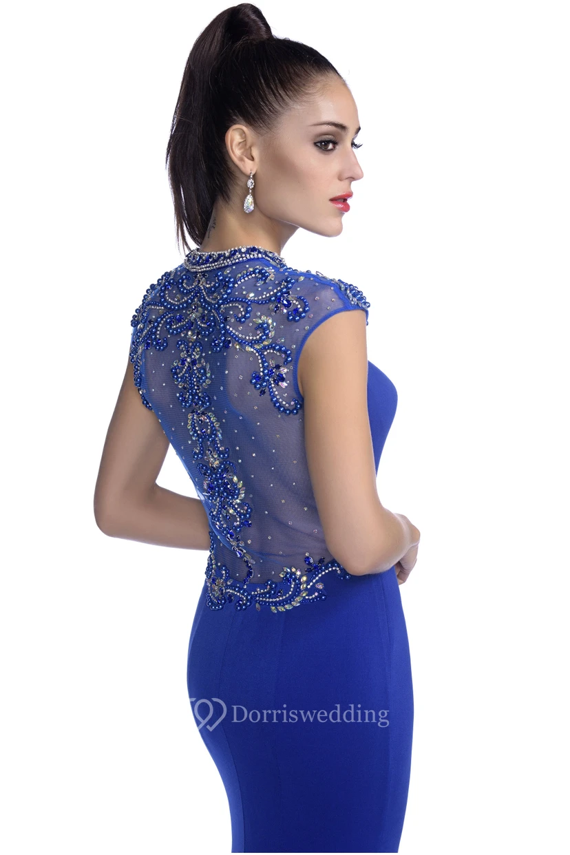 Sheath Jersey Side Slit Cap Sleeve Prom Dress With Rhinestones view 2