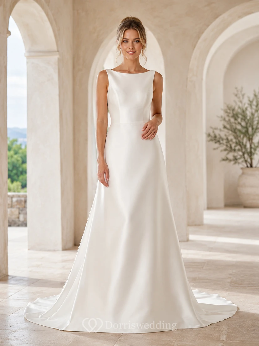 Schlichtes, ärmelloses, modernes Brautkleid aus Satin mit U-Boot-Ausschnitt, A-Linie und kurzer Schleppe