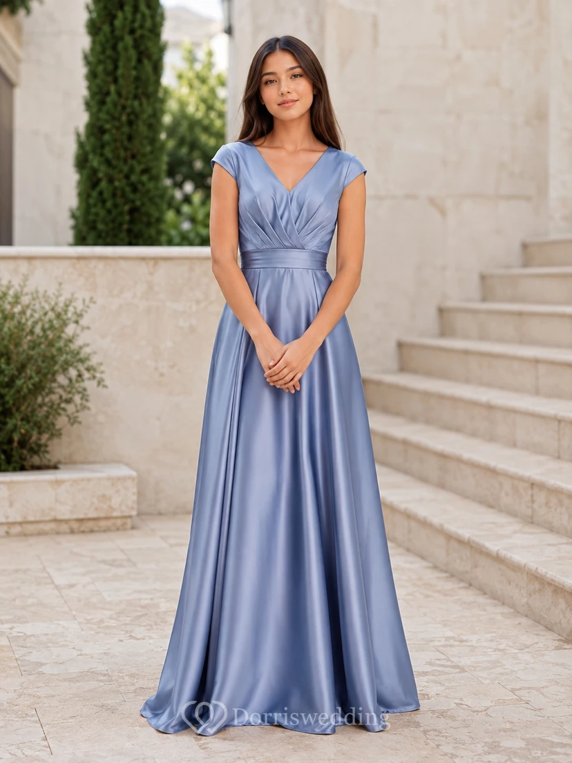Vestido de dama de honor juvenil azul pizarra, corte en A, escote en V, sin mangas, satén de lujo.