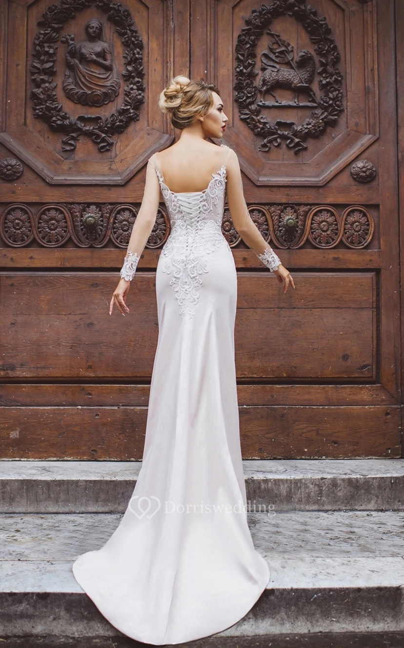 Mermaid Floor-Length Bateau Long Sleeve Satin Appliques Beading Lace-Up Dress view 2