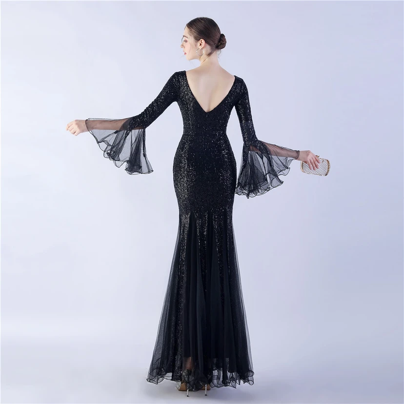 Vestido de noche con lentejuelas, bordado de malla encriptada, estilo artesanal de seda de pez y borde ondulado. view 42