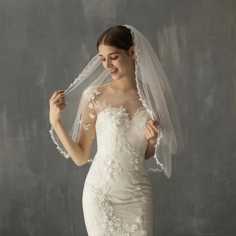 Forest Style Two Tier Elbow Veil with Leaf Edge view 2