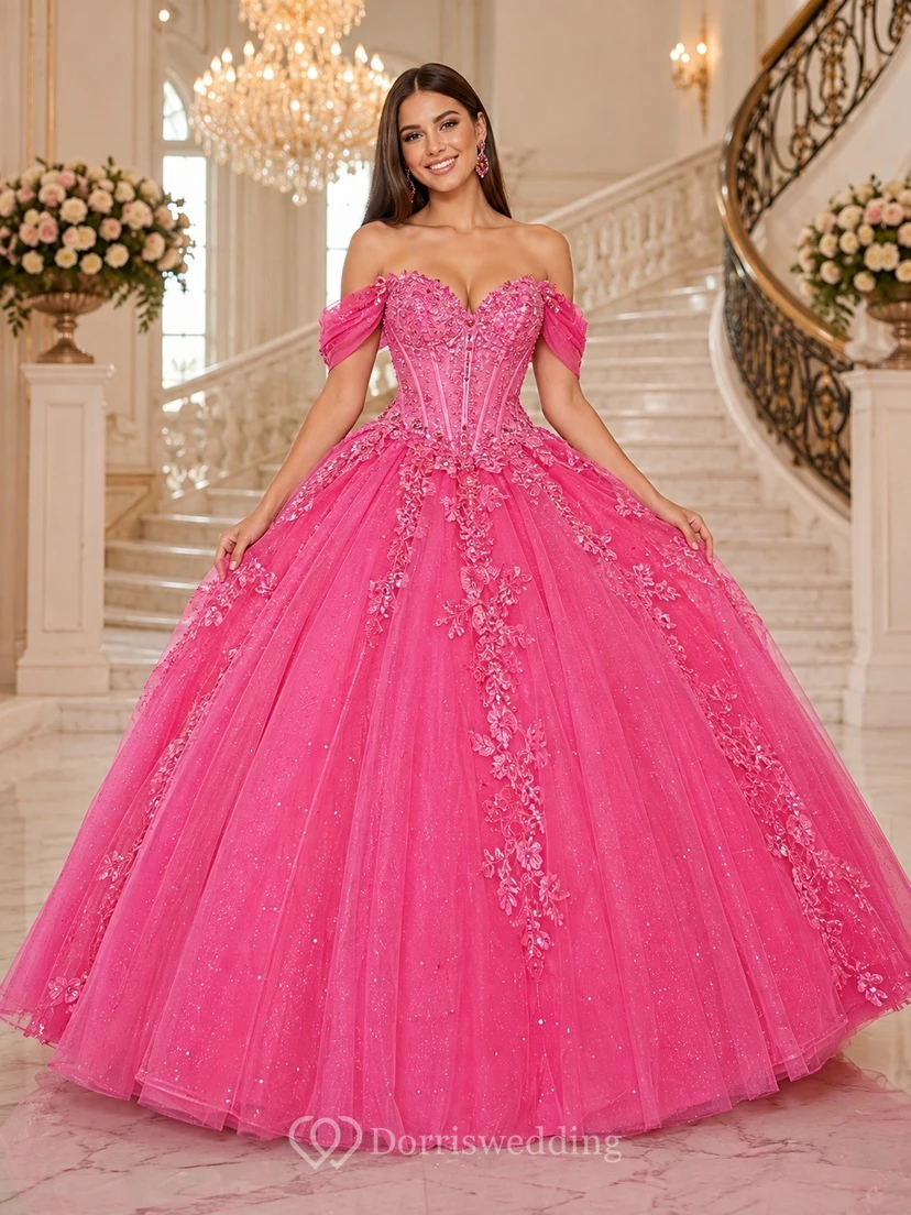 Fuchsia Off-the-Shoulder Beaded Tulle Quinceanera Ball Gown