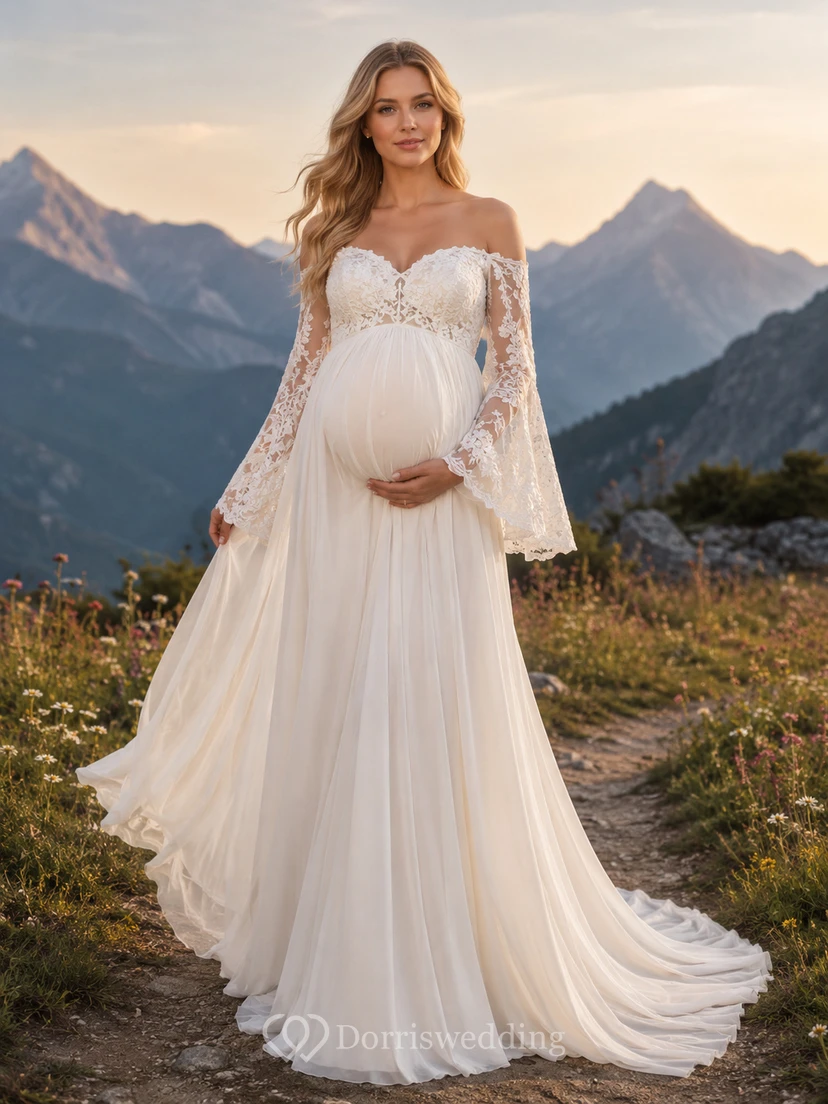 Maternity Wedding Dress Off-the-Shoulder Bell Sleeve Lace Mountain Bridal Gown with Train