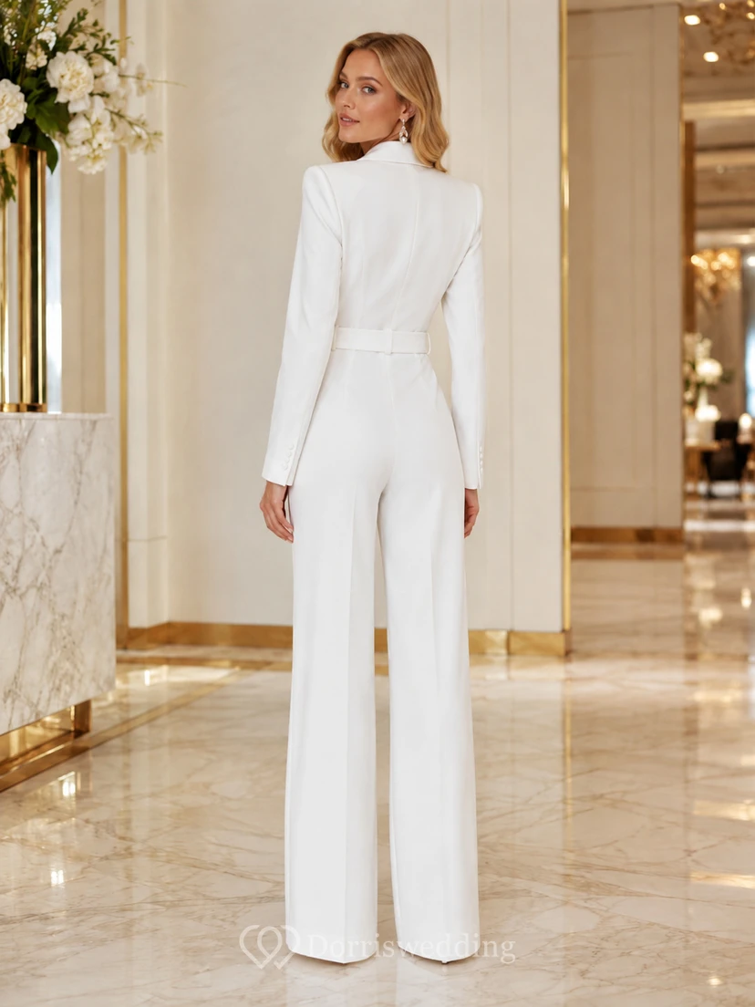 White Notched Long Sleeve Stretch Satin Wide-Leg Modern Formal Jumpsuit view 2